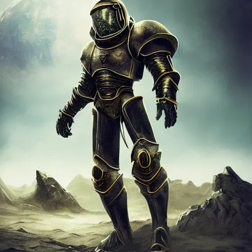 Image similar to space knight wearing ancient armor while traveling a barren planet, fantasy apocalypse, digital art, unreal engine, 4 k, highly detailed,