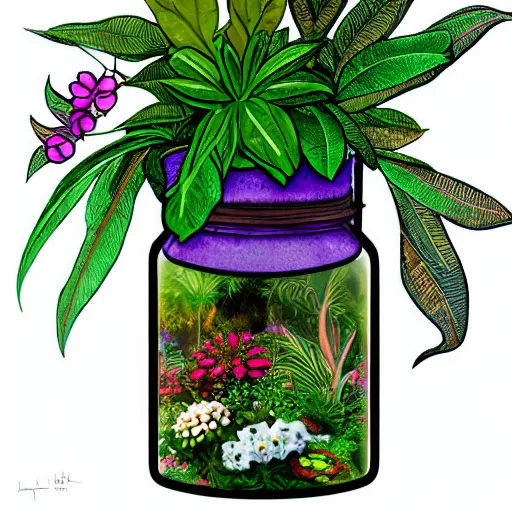 Image similar to a jar with a variety of beautiful plants inside, digital art, awards winning