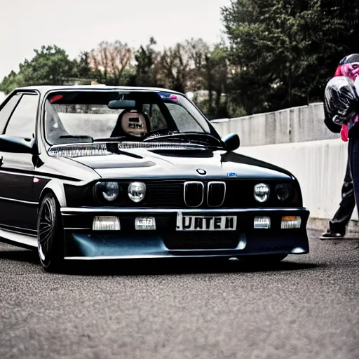 Image similar to greta thunber with a bmw m 3 e 3 0 in the background, spewing black smoke from it's exhaust