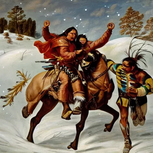 Image similar to majestic native americans fighting cyborg white men in a snowy field, landscape, hyper realistic painting, 1 6 0 0 s,