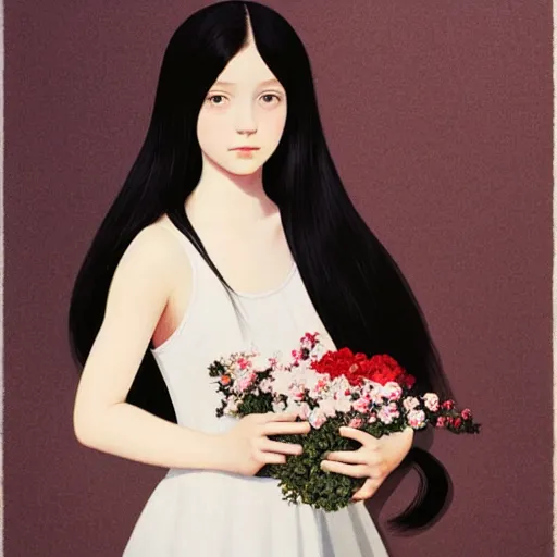 Prompt: little girl with long black hair dressed in a simple white dress and a wreath of flowers, artwork made by ilya kuvshinov, inspired in balthus