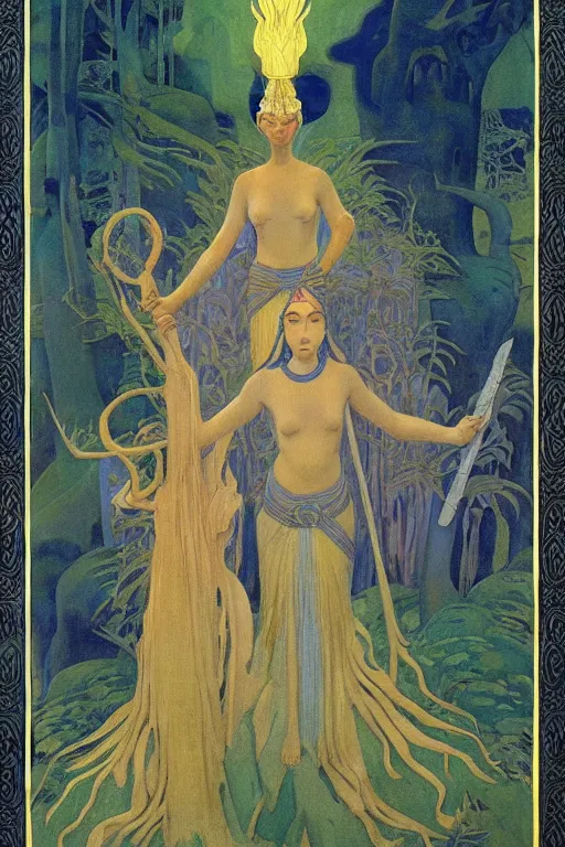 Image similar to lost queen of the forest with her scepter, by Nicholas Roerich and jean delville and Maxfield Parrish, dramatic cinematic lighting , ornate headdress , lost civilizations, extremely detailed