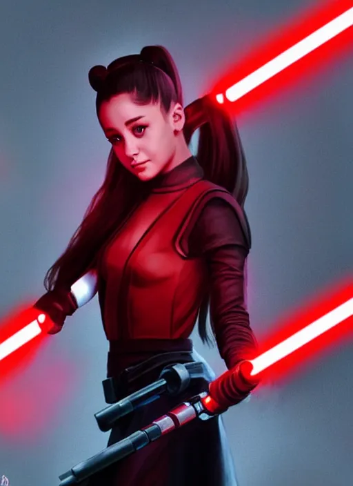 Image similar to Photo of Ariana Grande with a red lightsaber, Star Wars concept art, trending on artstation, dramatic lighting, photo-realistic