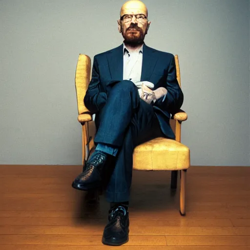 Prompt: walter white sitting on chair standing photo by annie leibovitz 8 0 mm lens bokeh