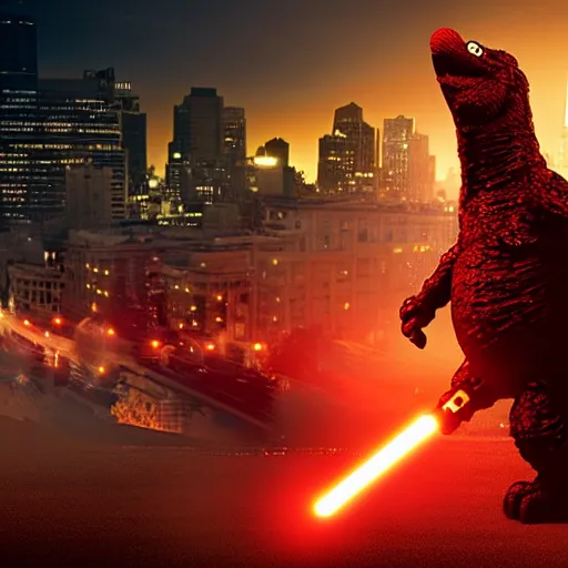 Prompt: Elmo defending San Francisco from Godzilla with a lightsaber