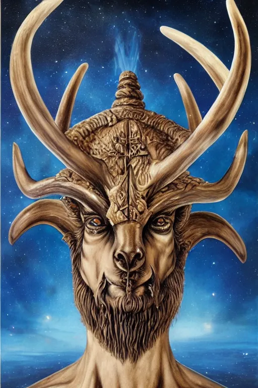 Image similar to sideview waist up portrait of baphomet plane with big antler made with porcelain by jeff easley and peter elson, beautiful eyes and face, symmetry face, galaxy, gothic, surreal, dread, highly detailed, intricate complexity, epic composition, magical atmosphere, masterpiece, award winning, trending on artstation