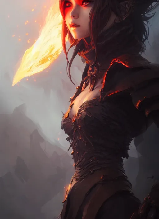 Image similar to character concept art of a dark fantasy female fire witch, key visual, realistic shaded perfect face, fine details, dystopian environment and background, by stanley artgerm lau, wlop, rossdraws, james jean, andrei riabovitchev, marc simonetti, and sakimichan, trending on artstation