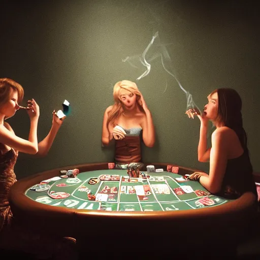 Image similar to female angels smoking pot and playing poker in a dark room, cinematic