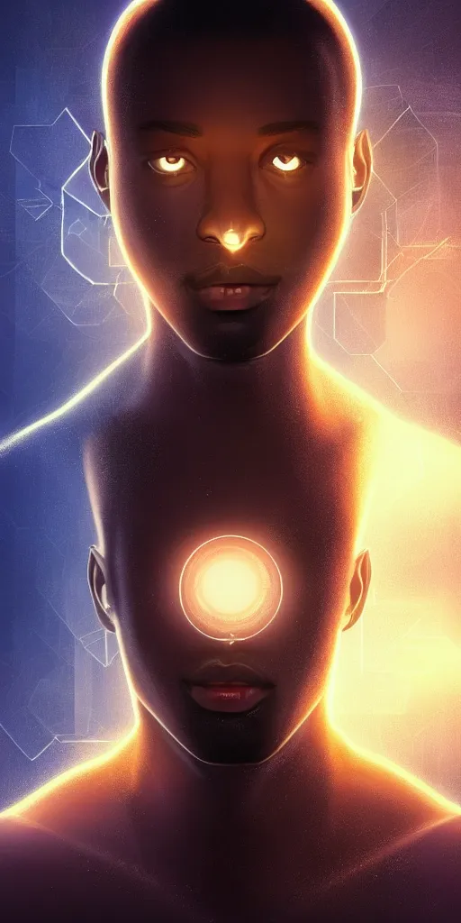 Image similar to symmetry!! solid cube of light, hard edges, product render retro - futuristic poster scifi, lasers coming from eyes, brown skin man, intricate, elegant, highly detailed, digital painting, artstation, concept art, smooth, sharp focus, illustration, dreamlike, art by artgerm