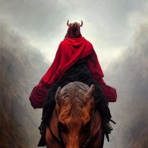 Image similar to a masterpiece! photographic portrait of a a cloaked woman riding the back of a scarlet - colored!! beast!! with seven heads!! and ten horns!! by gustave dore and sam spratt and allen williams, trending on artstation, cgsociety, 8 k hd, earthtone colors,