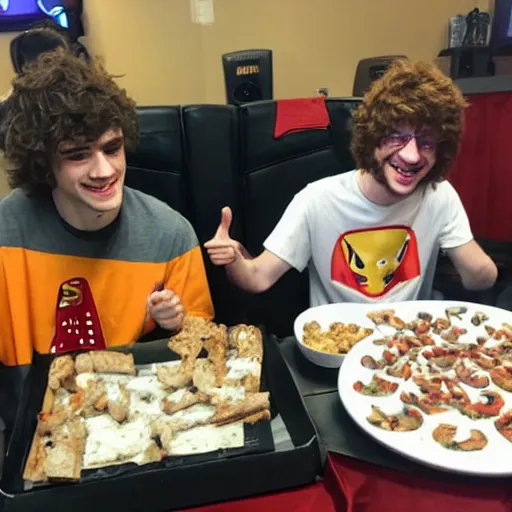 Prompt: Meteos and Sneaky having a great time at Bobby's pizza party