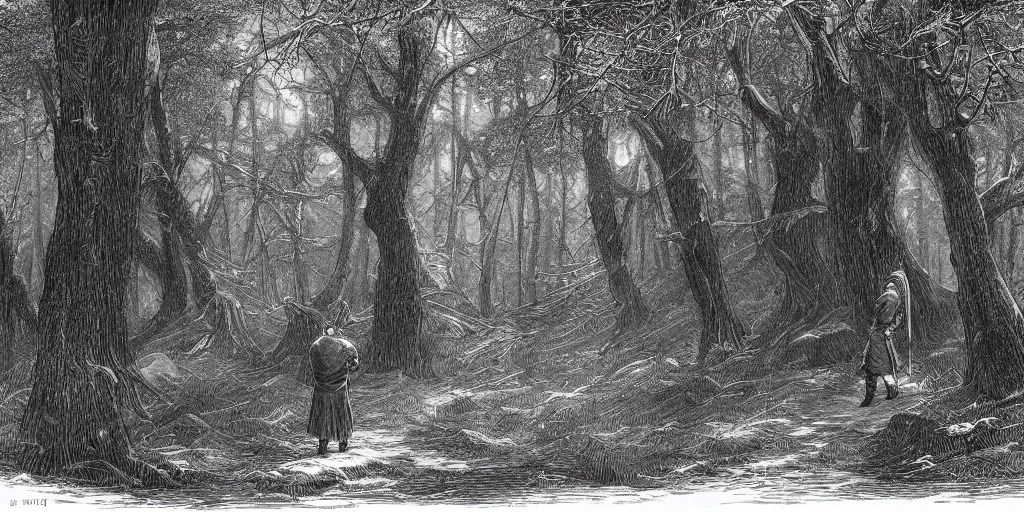 Prompt: lonely man in coat with sword, dark forest, alone in the woods, rotogravure, dark, majestic, powerful, dark fantasy manga artstyle, by gustave dore and inoue takehiko, small cabin