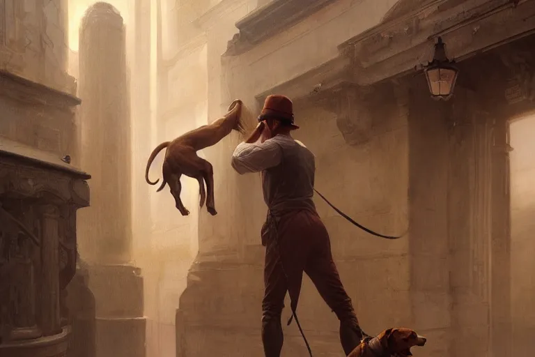 Image similar to a man tied to a pillar and jack russel terrier pissing on him, highly detailed, hyperrealistic digital painting, artstation, concept art, smooth, sharp focus, illustration, cinematic lighting, art by artgerm and greg rutkowski and alphonse mucha