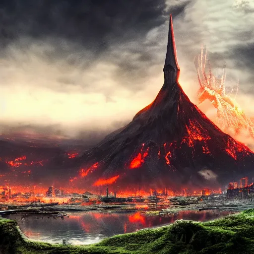 Image similar to mordor as a city, highly detailed, sharp focus, skyline, vast, gothic, lord of the rings, mount doom, 4 k, fantasy