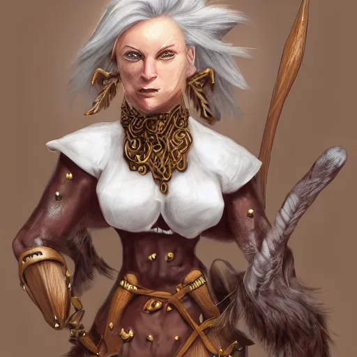 Prompt: fantasy portrait of an anthropomorphic cow woman warrior with brown and white hair, concept art