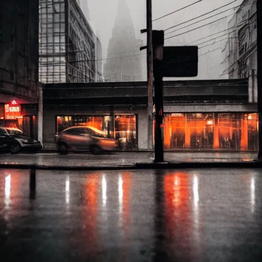 Image similar to gloomy and morbid city scene with a neon sign on the wall, cinematic, blurry, raindrops