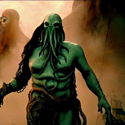 Prompt: cthulhu starring in the movie mad max, impressive scene. grainy and rough. soft colour scheme. cinematic