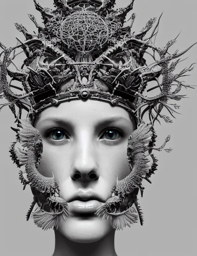 Image similar to symmetrical, centered, goddess close-up portrait wigh crown made of skulls. betta fish, phoenix, bioluminiscent creature, intricate artwork by Tooth Wu and wlop and beeple. octane render, trending on artstation, greg rutkowski very coherent symmetrical artwork. cinematic, hyper realism, high detail, octane render, 8k