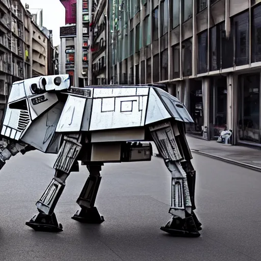 Image similar to an at-at from star wars walking through the streets of berlin, sci-fi movie scene, ultra detailed, 4k