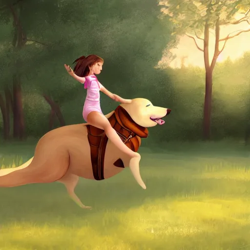 Prompt: girl riding a giant dog in the park, trending on artstation