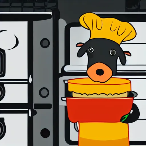 Image similar to cute platypus on a kitchen wearing a chef hat and holding a lasagna into an oven, minimalistic logo style