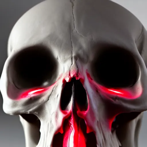 Image similar to humanoid skull with glowing red eyes, on a table, beautiful lighting