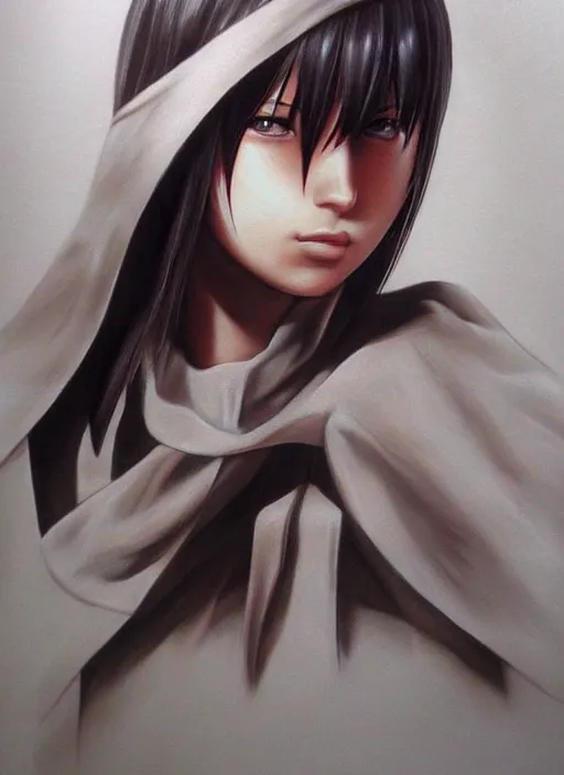 Prompt: Mikasa Ackerman realistic 3d painting, art by ian spriggs