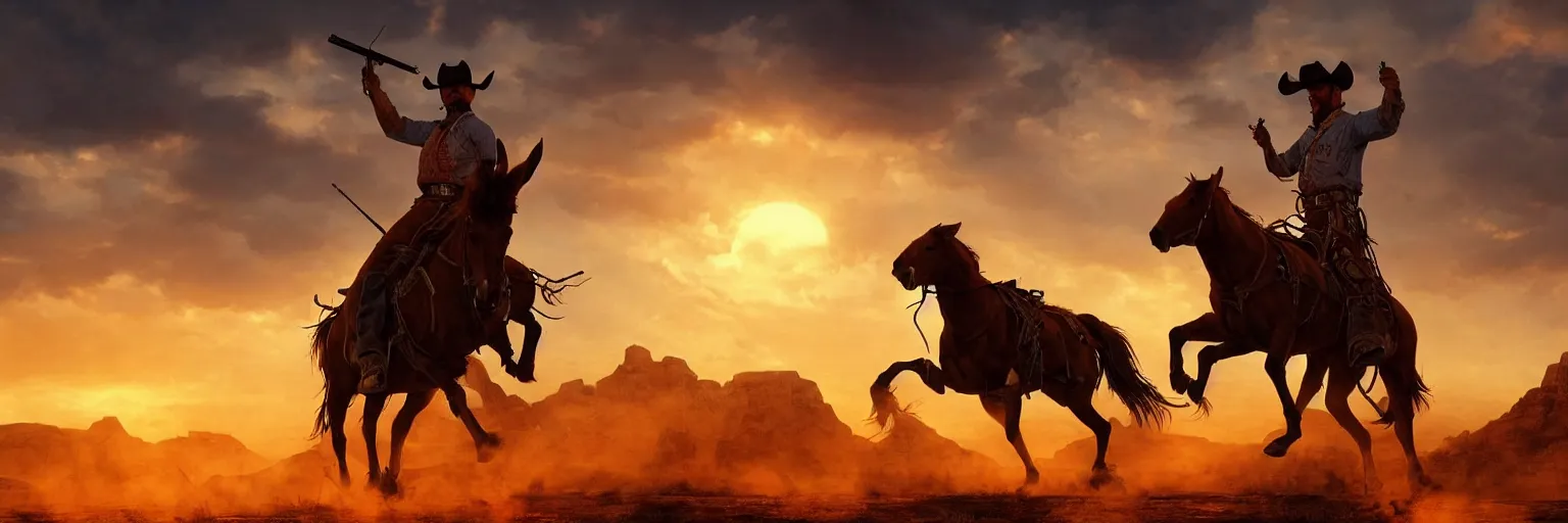 Image similar to a cowboy riding a horse and shooting a gun into the air, wild west background, sunset. digital art. amazing quality. perfect lighting. Professional design. Great composition. Mind blowing detail. award winning art. impressive colors. trending on artstation.