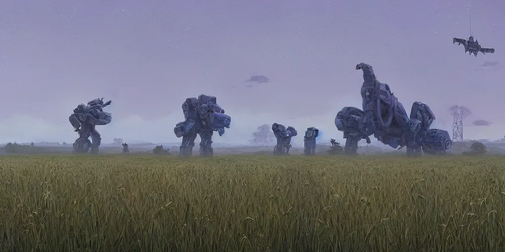 Image similar to giant mech stands over hay field by simon stalenhag, atmospheric haze, children in white jackets below look up, misty blue hour, sci fi digital painting, unreal engine 5, photorealism, hd quality, 8 k resolution, cinema 4 d, 3 d, cinematic, professional photography, art by artgerm and greg rutkowski and alphonse mucha and loish and wlop