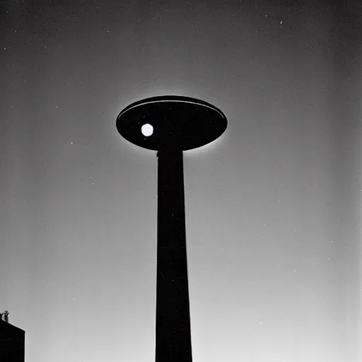 Image similar to a picture of an ufo above an television tower at night, 1 9 6 0's, black and white