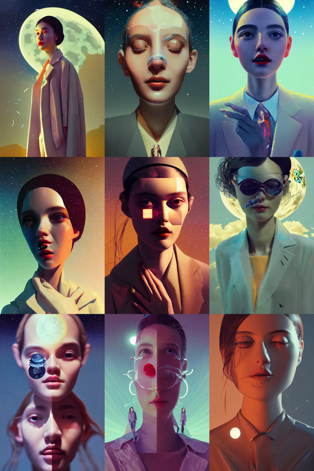 Prompt: 3 d, close - up, happy fashion model, plastic, night, moon rays, poster art, intricate oil painting, high detail, figurative art, multiple exposure, poster art, 3 d, by stanley kubrick and tooth wu and wlop and beeple