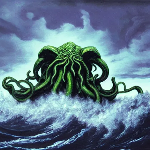 Prompt: Cthulhu rising from the ocean during a stormy night, lightning, by Walter Brocca, detailed