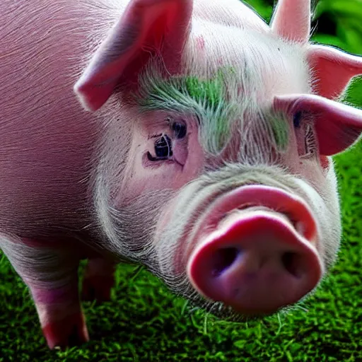 Image similar to cute pig in a green raincoat, photograph