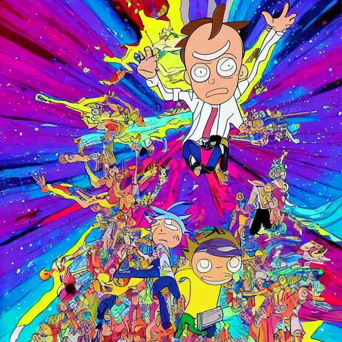 Image similar to Michael J. Fox as Morty Smith from Rick and Morty by Noriyoshi Ohrai and Lisa Frank, inking, full color