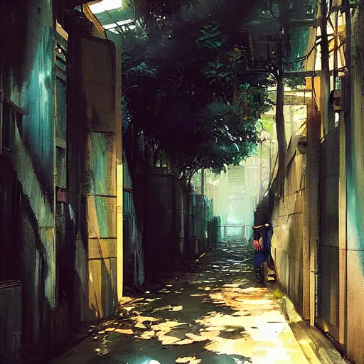 Prompt: an alley in singapore, art by greg rutkowski