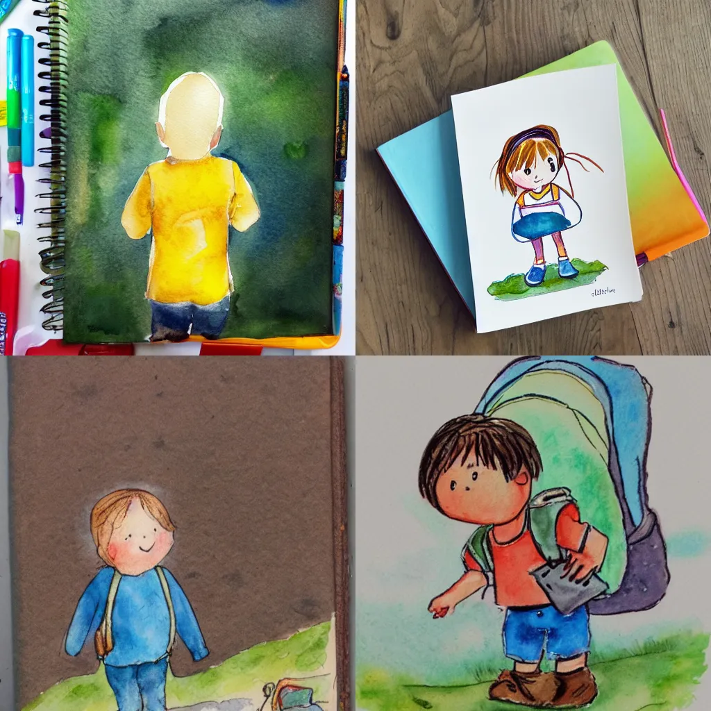 Prompt: a small child wearing a backpack, story book style, water colour,