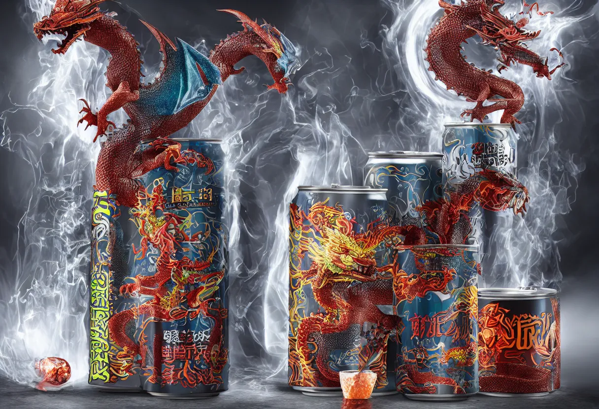 Prompt: aluminium can of a dragon-flavored energy drink standing next to a glass filled with a dragon-flavored energy drink, professional studio photography, packshot