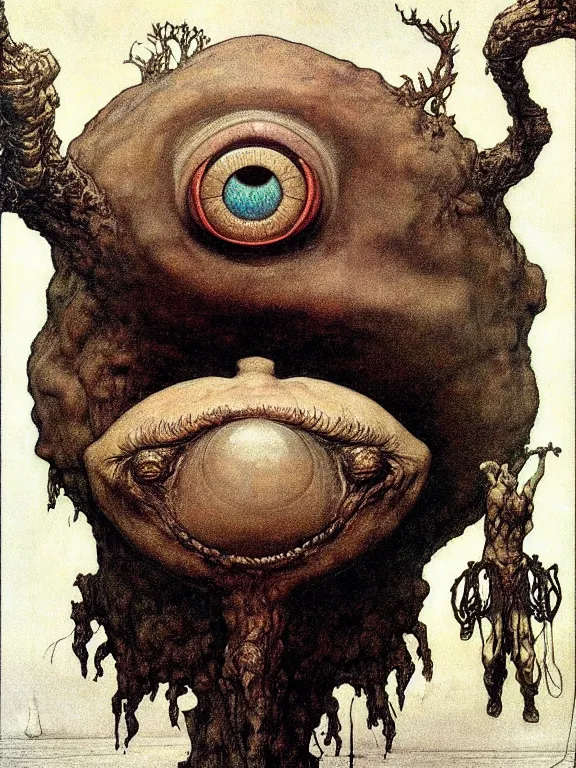 Image similar to one-eyed single-eyed Cyclops Polyphemus concept art with one huge eye. Extremely high detail, details, realistic, solo, masterpiece, colorful, art by Arthur Rackham, Muzinabu, Zdzisław Beksiński, Johann Tischbein, Eugene de Blaas, Frederic Leighton