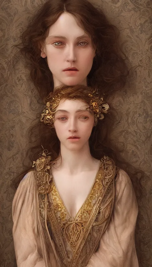 Image similar to An extremely beautiful pre-raphaelite ornate portrait of a young attractive woman with a beautiful bone structure, professionally painted digital art illustration, smooth, sharp focus, atmospheric lighting, highly detailed illustration highlights, golden ratio, extremely detailed winning award masterpiece, 8K post-processing