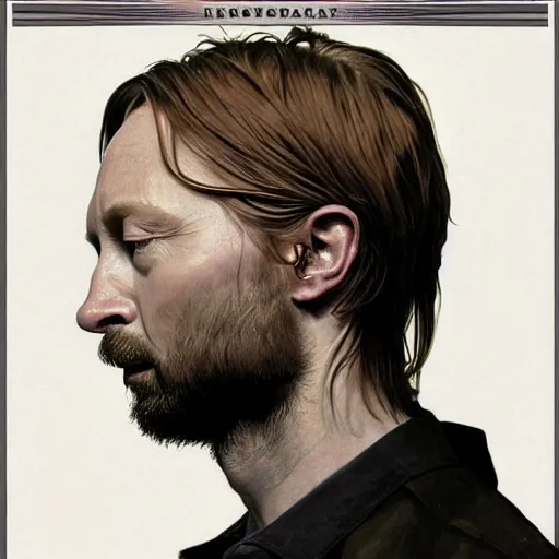 Image similar to hyper realistic, variations portrait of smooth very old thom yorke variations, strong variations, singer songwriter, ( side ) profile, liminal space, by lee bermejo, alphonse mucha and greg rutkowski, greybeard, smooth face