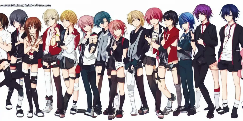 Image similar to 2 anime girls posing with 6 anime boys