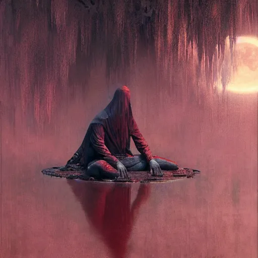 Image similar to the crimson moon shatters far above, still cross legged figure floating above pond by craig mullins, ruan jia, liang mark, beksinski, wayne barlowe, peter gric, jama jurabaev