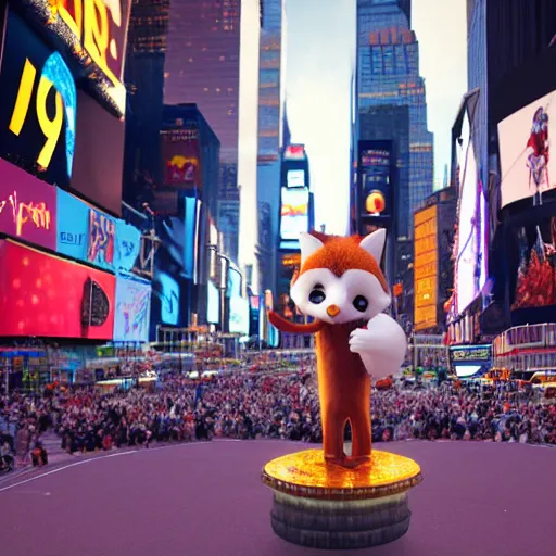 Image similar to anthropomorphic furry fox wearing a tuxedo stands on the times square ,detailed, environment, building, cinematic lights, rule of thirds, Artstation