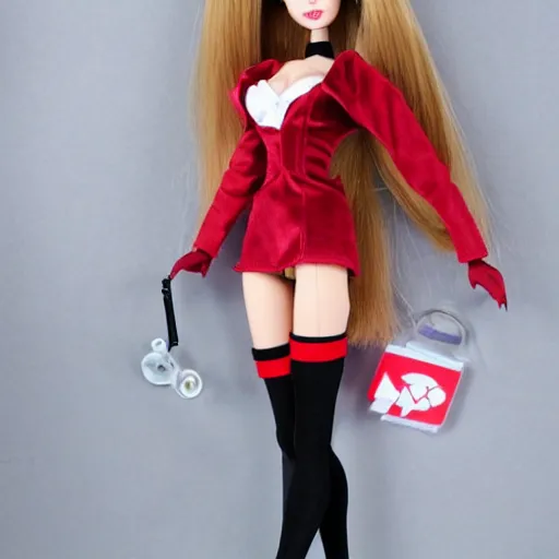 Image similar to anime barbie doll, 5 dolls, doctor suit, playboy, leather, in red velvet stockings, a nurse's dress, full length, heels on her feet