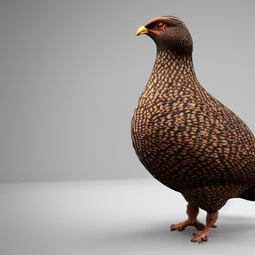 Image similar to a 3 d model of a grouse holding a blunderbuss, studio lighting, octane render, hyper detailed, product photography, 8 k, highly detailed