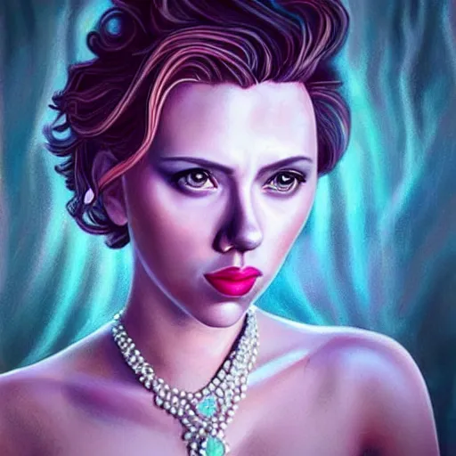 Prompt: “Scarlett Johansson portrait, fantasy, mermaid, cartoon, pearls, glowing hair, ”