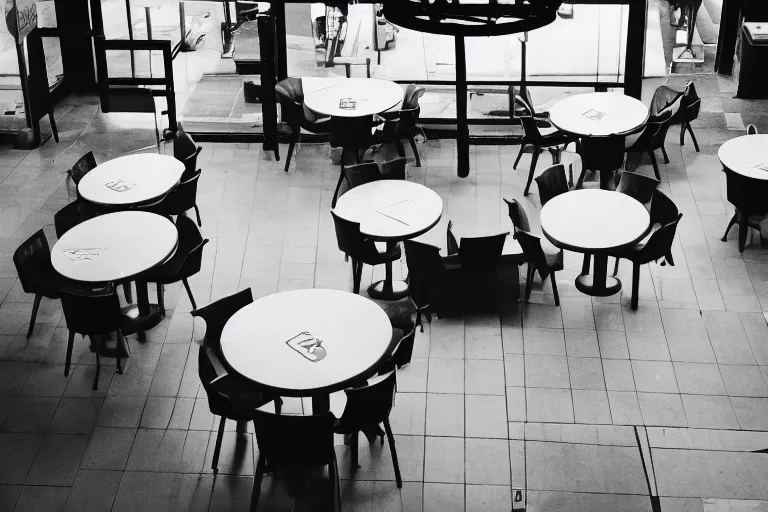 Prompt: a lion destroying furniture, empty fast food restaurant lobby, overhead view, surveillance, black and white, grainy image,