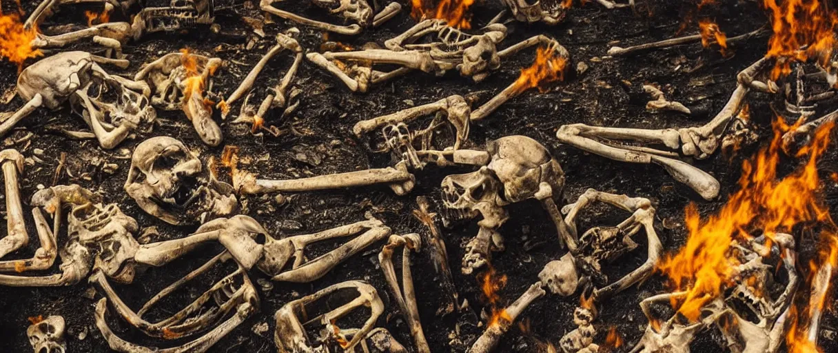 Image similar to filmic closeup dutch angle movie still 4k UHD 35mm film color photograph of a dozen charred burnt human skeletons on the floor of a partly burnt science lab , in the style of a 1980s horror film