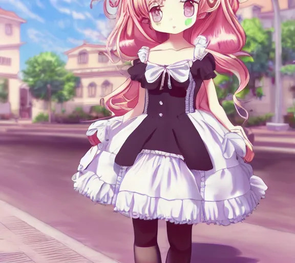 Prompt: a cute girl wearing a lolita dress, she is walking in a busy street, anime art, hd, smooth