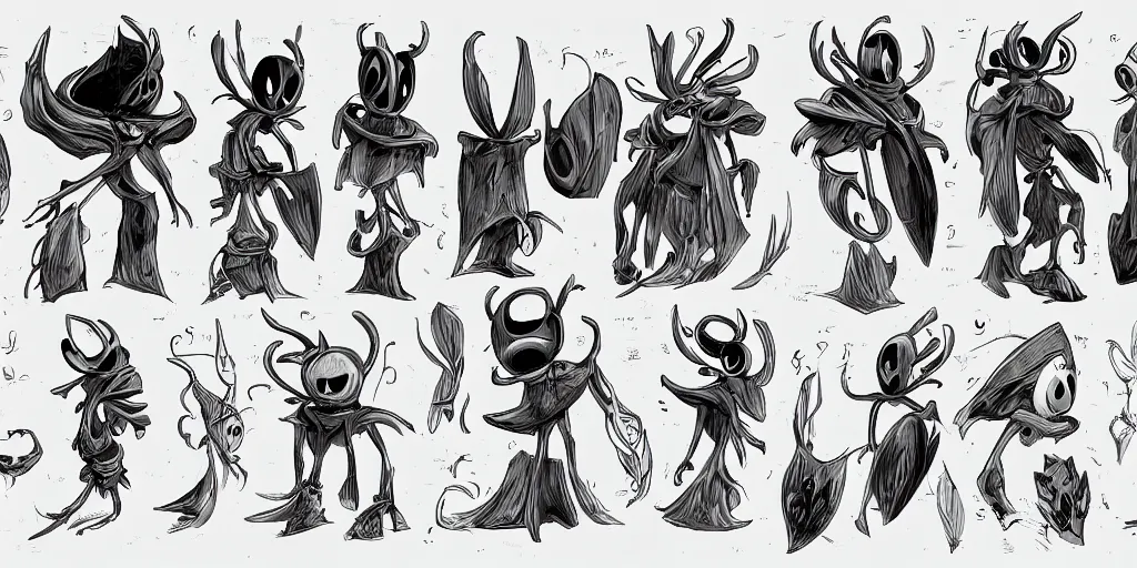 Image similar to cartoonish hollow knight, character sheet, fine details, concept design, contrast, front view, back view, ultra wide angle